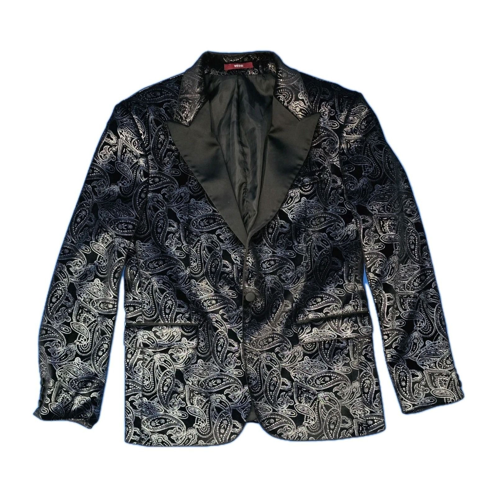 Wessi Collection Men's Slim Fit Black Velvet Paisley Blazer Jacket Us 42 Eu 52